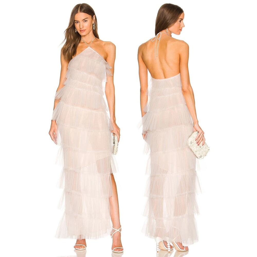 The Bar Henri Gown Maxi Silk Chiffon Tiered Ruffle Halter Formal Bridal Party 10